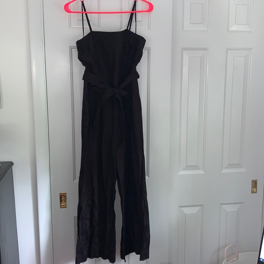 EUC J. Crew Linen Spaghetti Strap Wide Leg Fitted Bodice Bow Jumpsuit w/ Pockets